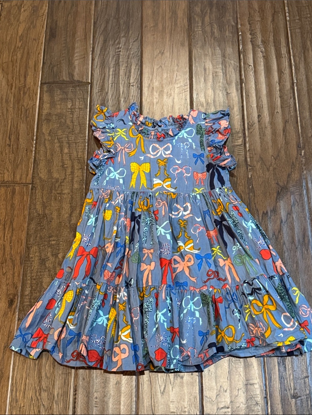 Pink Chicken Blue Bow Print Ruffle Sleeve Dress
